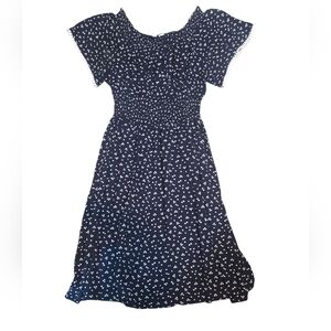 Anthropologie Kindred Navy White Smocked Dress Bell Sleeve with Pom Pom Large